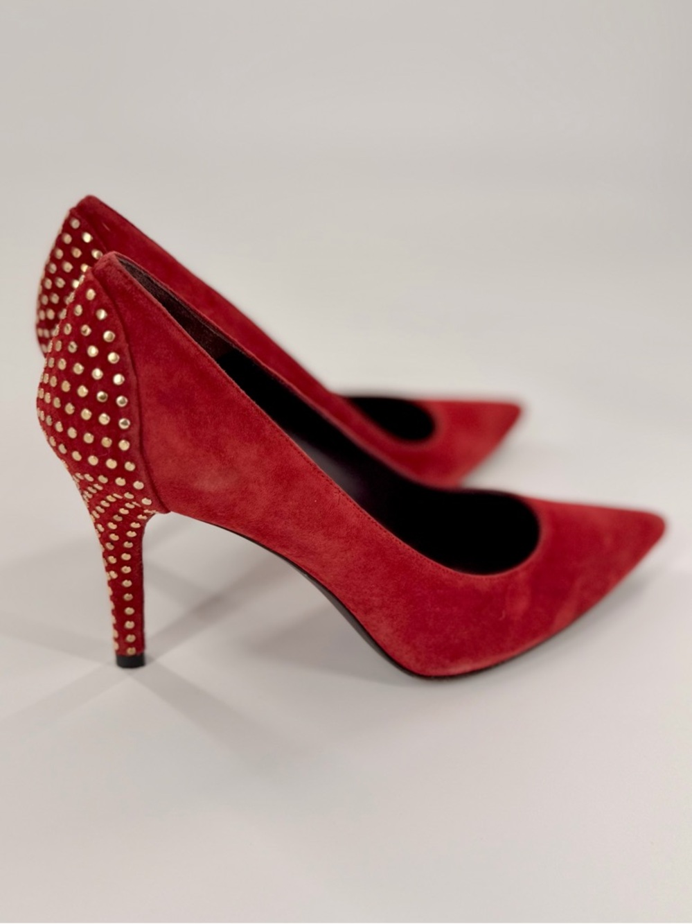 Stuart Weitzman Crimson Red Suede Gold Stud Heel Pumps, Size 7, Leather Sole